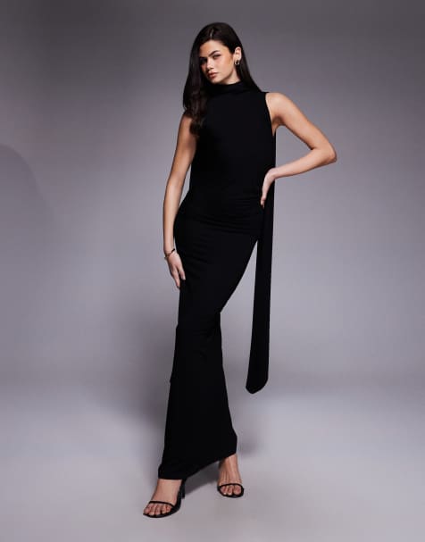 ASOS DESIGN - Robe longue dos nu drapée avec liens style foulard - Noir - view 1