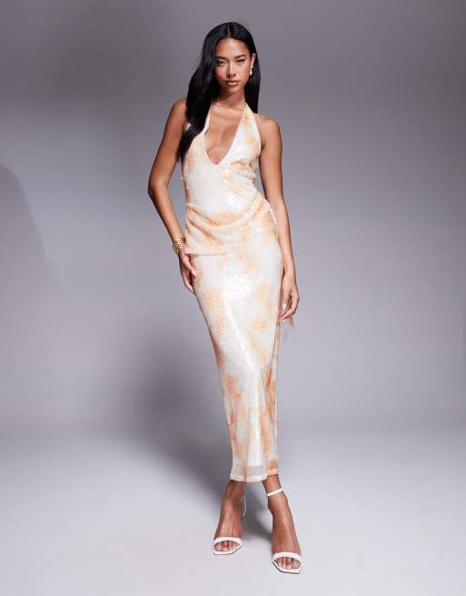ASOS DESIGN - Robe longue dos nu en crochet à sequins - Orange