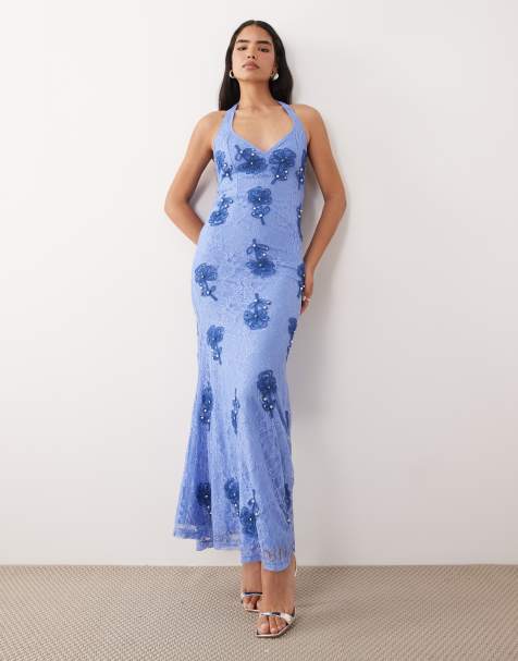 ASOS DESIGN - Robe longue dos nu en dentelle brodée à nouer dans le dos - Bleu - view 1