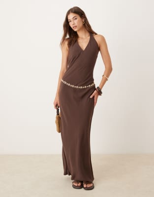 ASOS DESIGN - Robe longue dos nu en lin mélangé - Chocolat - view 1