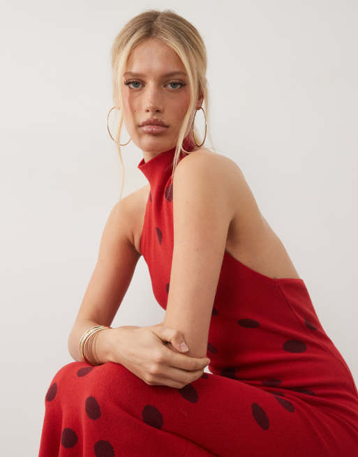 ASOS DESIGN - Robe longue dos nu en maille à pois - Rouge, 3 de 4