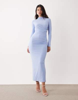 ASOS DESIGN - Robe longue dos nu en tulle à manches longues et corsage torsadé - Bleu