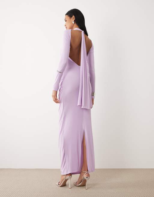 ASOS DESIGN - Robe longue dos nu en tulle à manches longues et corsage torsadé - Lilas, 3 de 4