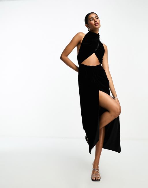 ASOS DESIGN Robe longue dos nu en velours avec devant torsade a decoupe Noir ASOS