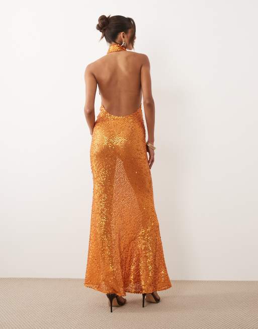 ASOS DESIGN - Robe longue dos nu ornée de sequins transparents - Orange mat, 4 de 4