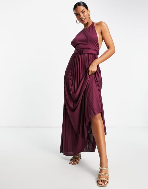 ASOS DESIGN Robe longue dos nu pliss e avec ceinture Bordeaux