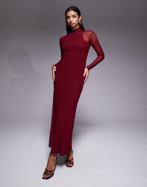 ASOS DESIGN - Robe longue double épaisseur à col montant en tulle - Bordeaux - view 1