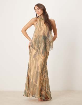 Robe longue double épaisseur à fleurs à encolure montante en mousseline marbrée-Multicolore 38