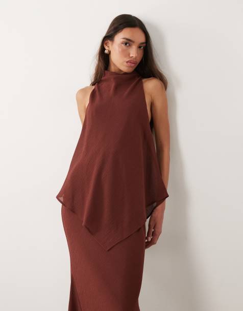 ASOS DESIGN - Robe longue double épaisseur en mousseline avec col montant - Marron chocolat - view 1