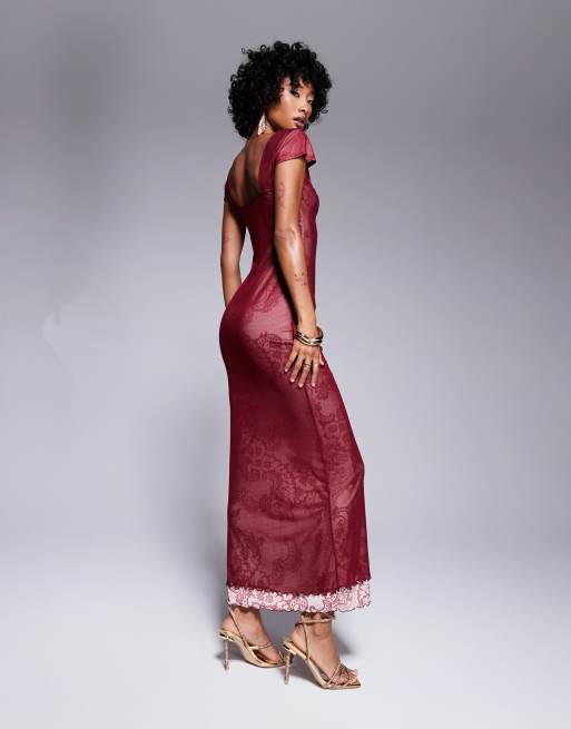 ASOS DESIGN - Robe longue double épaisseur en tulle et dentelle à décolleté en cœur - Bordeaux, 2 de 4