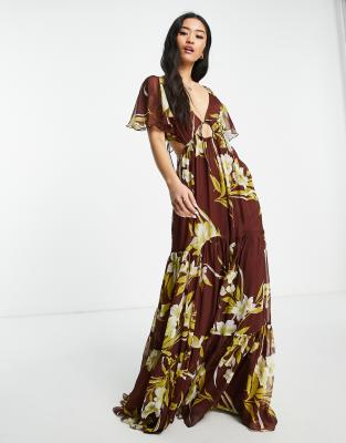 ASOS DESIGN - Robe longue douce à volants étagés nouée devant avec grandes fleurs