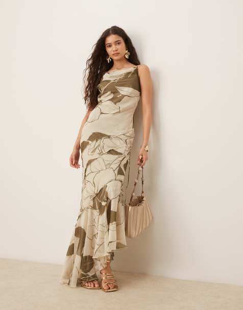 ASOS DESIGN - Robe longue douce au toucher à surpiqûres avec col bénitier et lanières dans le dos - Vert à fleurs oversize - view 1