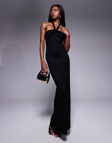 ASOS DESIGN - Robe longue douce au toucher avec encolure américaine à détail torsadé - Noir - view 1