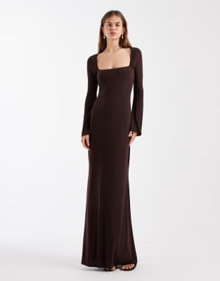 Robe longue douce au toucher avec encolure carrée large - Chocolat-Brown M