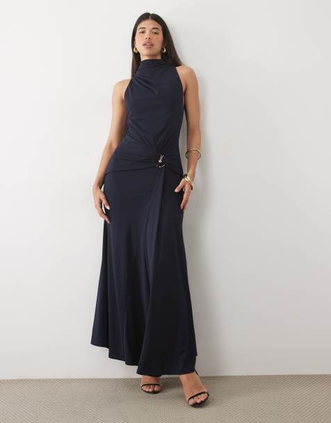 ASOS DESIGN robe longue drapée à col montant avec détails de finition bleu marine - view 1