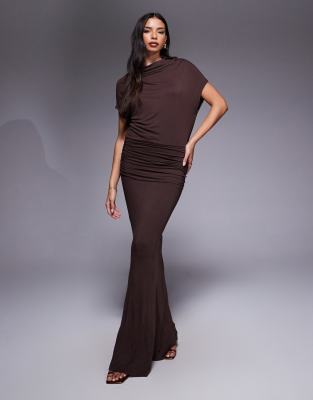 Robe longue drapée à col montant bénitier - Chocolat-Brown S