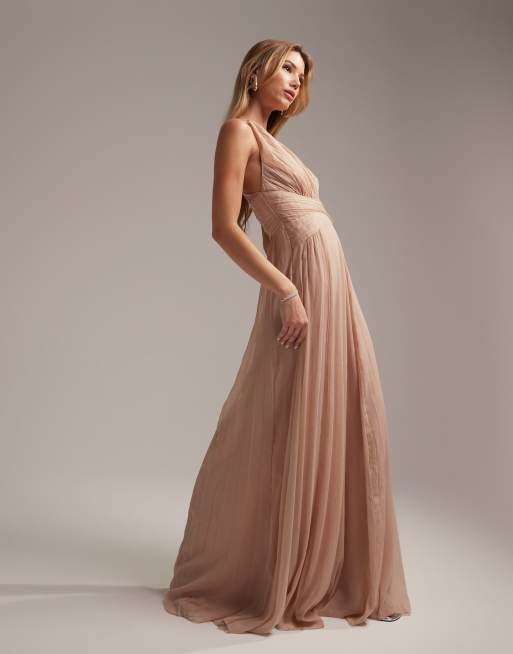 FhyzicsShops DESIGN - Robe longue drapée à corsage froncé et taille enveloppante pour demoiselle d'honneur - Blush