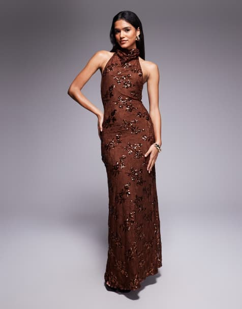 ASOS DESIGN - Robe longue drapée à dos nu et encolure américaine en dentelle à sequins - Marron - view 1