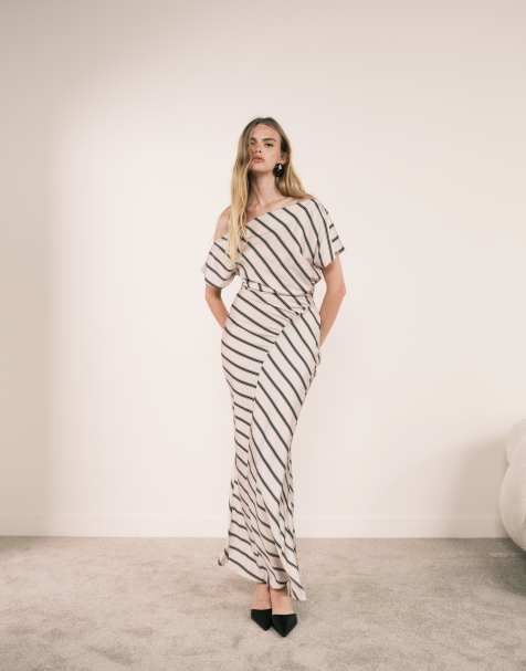 ASOS DESIGN - Robe longue drapée à encolure asymétrique et rayures - view 1