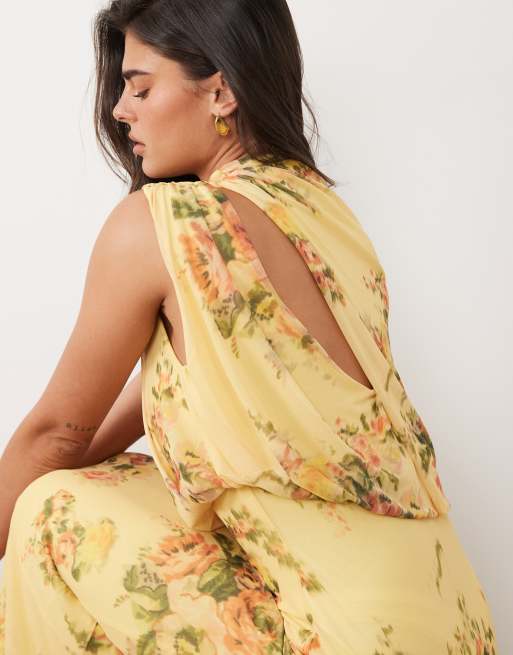 ASOS DESIGN - Robe longue drapée à fleurs avec col montant - Citron, 2 de 4