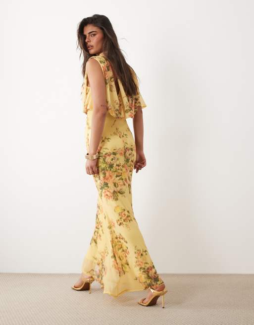 ASOS DESIGN - Robe longue drapée à fleurs avec col montant - Citron, 3 de 4