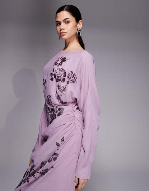 ASOS DESIGN - Robe longue drapée à fleurs ornementées avec manches longues - Mauve, 2 de 4