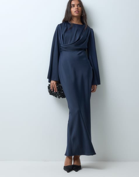 ASOS DESIGN robe longue drapée à manches évasées bleu marine - view 1
