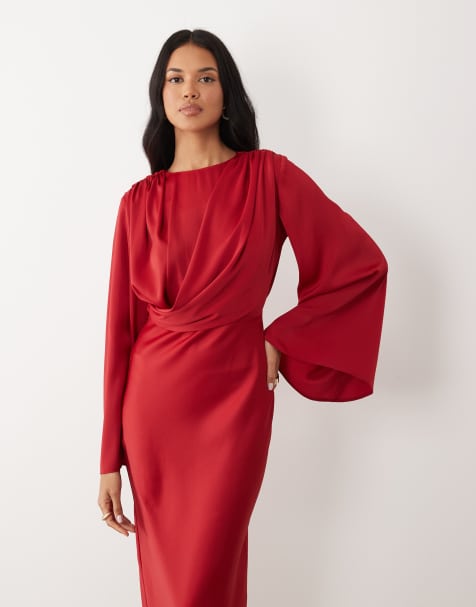 ASOS DESIGN - Robe longue drapée à manches évasées - Rouge - view 1