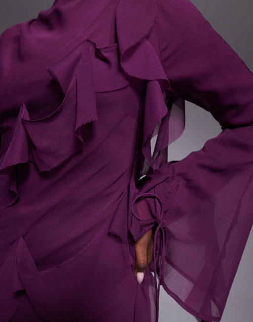 ASOS DESIGN - Robe longue drapée à manches longues avec volants à bords effilochés - Violet, 3 de 4