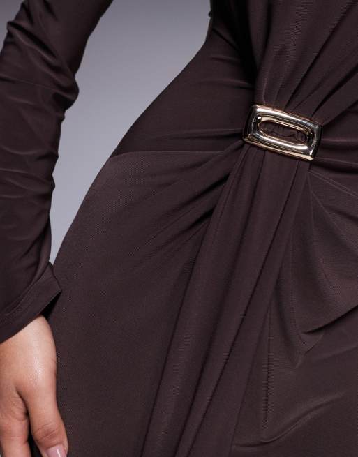 ASOS DESIGN - Robe longue drapée à manches longues de qualité supérieure avec double rebord - Chocolat, 4 de 4