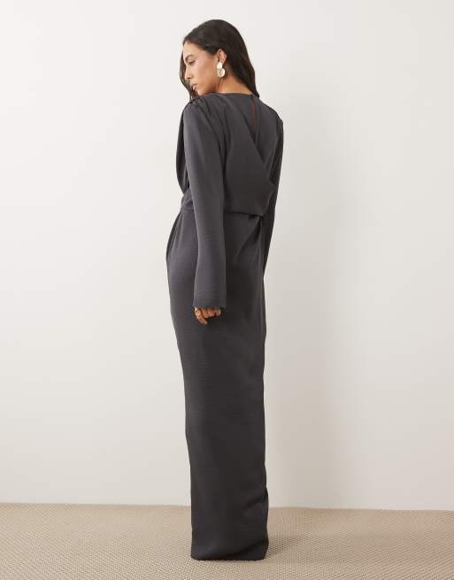 ASOS DESIGN - Robe longue drapée à manches longues et épaulettes avec détail à la taille - Gris ardoise, 4 de 4