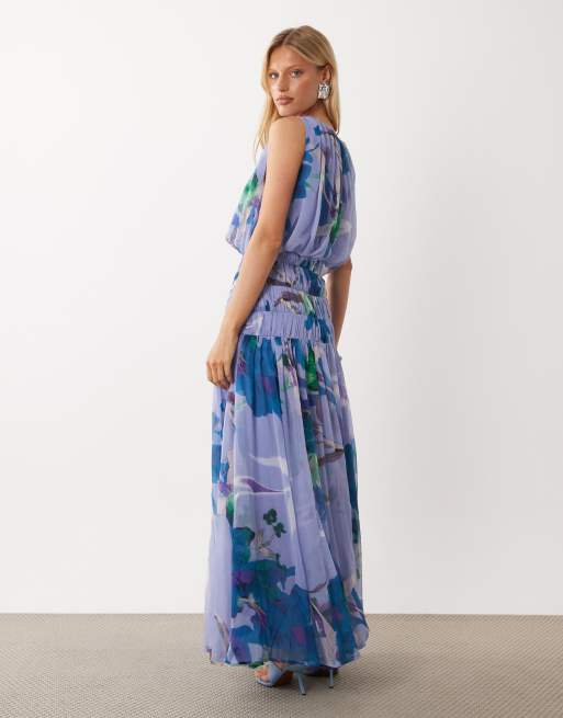 ASOS DESIGN robe longue drapée à taille froncée avec détail de taille en imprimé floral flou, 2 de 4