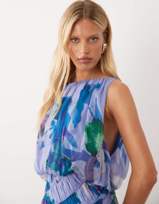 ASOS DESIGN robe longue drapée à taille froncée avec détail de taille en imprimé floral flou, 4 de 4