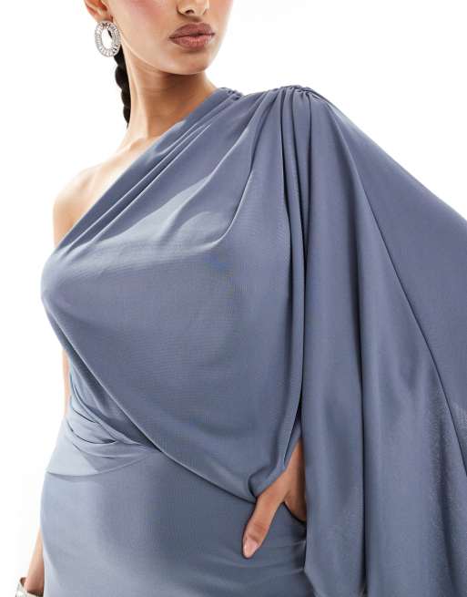 ASOS DESIGN - Robe longue drapée asymétrique de qualité supérieure avec détail traîne - Bleu ardoise, 2 de 4