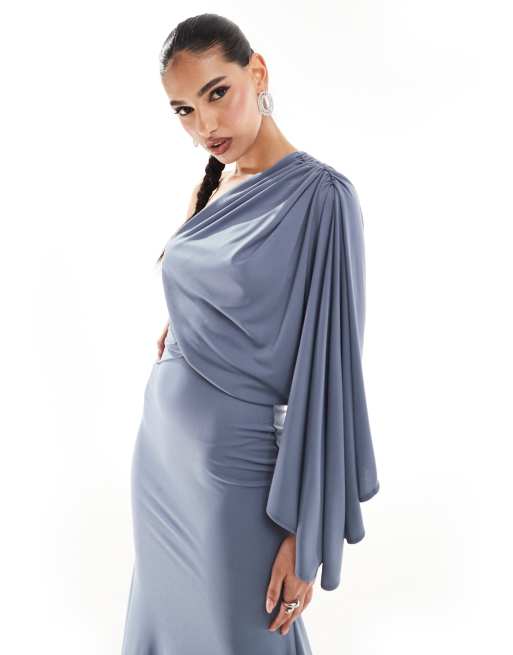 ASOS DESIGN - Robe longue drapée asymétrique de qualité supérieure avec détail traîne - Bleu ardoise, 4 de 4