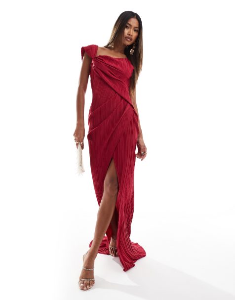 ASOS DESIGN - Robe longue drapée asymétrique de qualité supérieure en tissu plissé avec fente ultra haute - Framboise - view 1
