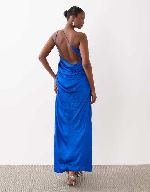 ASOS DESIGN - Robe longue drapée asymétrique en satin - Bleu de cobalt, 4 de 4