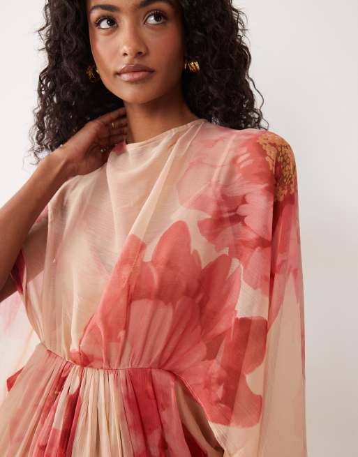 ASOS DESIGN - Robe longue drapée avec corsage cape et jupe à dos ouvert avec pampilles et imprimé floral - Rose, 4 de 4