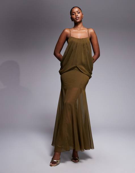 ASOS DESIGN - Robe longue drapée avec jupe à godets et bretelles fines - Kaki - view 1