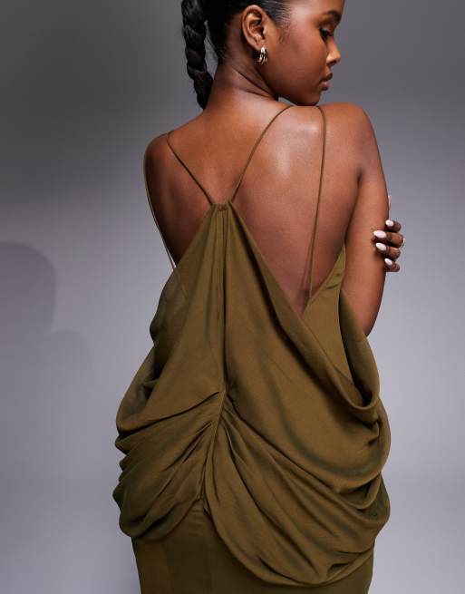 ASOS DESIGN - Robe longue drapée avec jupe à godets et bretelles fines - Kaki, 2 de 4