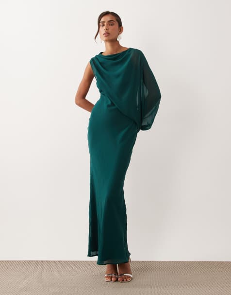 ASOS DESIGN - Robe longue drapée coupée en biais avec manche unique - Vert sarcelle - view 1