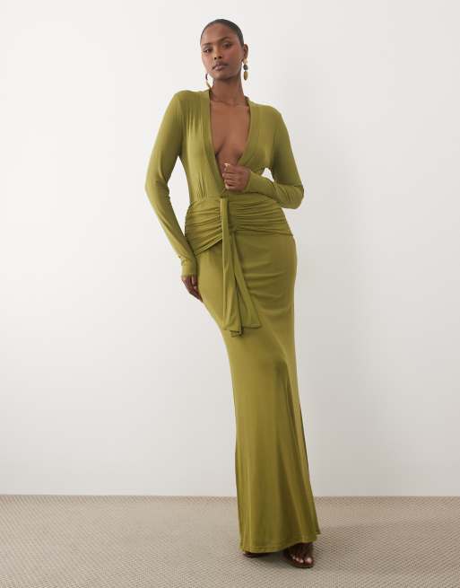 ASOS DESIGN - Robe longue drapée devant à décolleté ultra-plongeant - Vert, 2 de 4