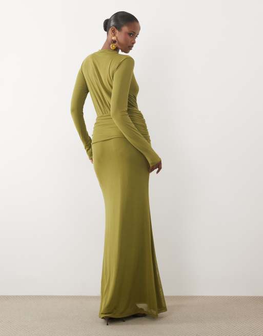 ASOS DESIGN - Robe longue drapée devant à décolleté ultra-plongeant - Vert, 3 de 4