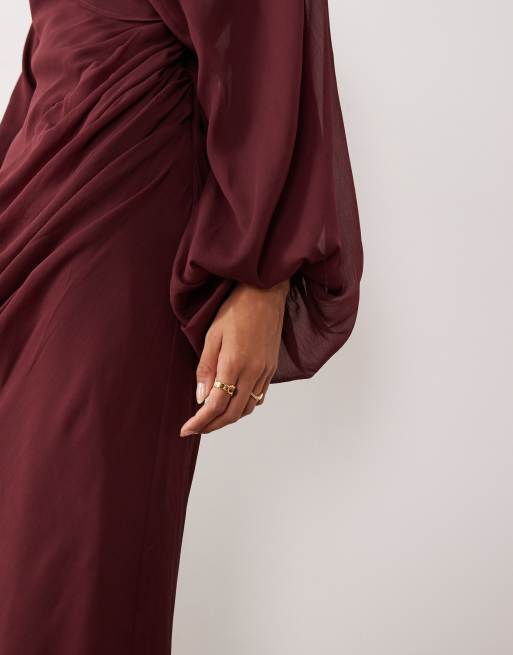 ASOS DESIGN - Robe longue drapée devant à manches blouson - Bordeaux, 3 de 4