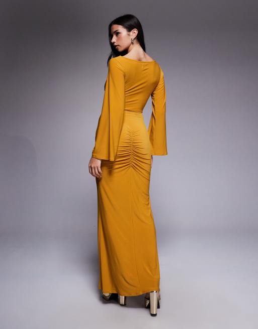 ASOS DESIGN - Robe longue drapée devant à manches longues et bords évasés - Jaune, 2 de 4