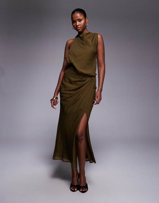 ASOS DESIGN - Robe longue drapée devant et boutonnée - Kaki, 2 de 4