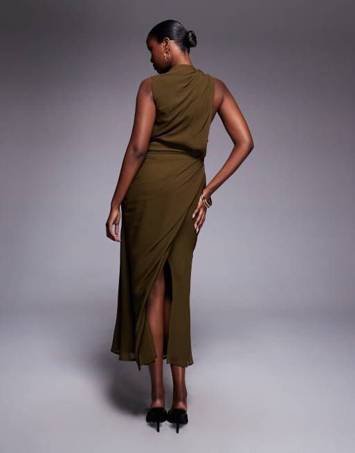 ASOS DESIGN - Robe longue drapée devant et boutonnée - Kaki, 4 de 4