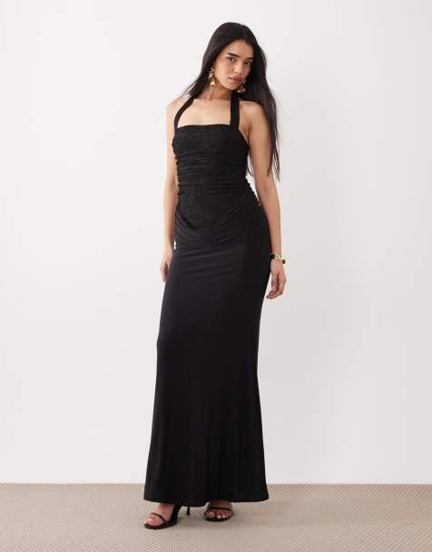 ASOS DESIGN - Robe longue drapée dos nu à col bénitier et corsage en tissu dévoré - Noir - view 1