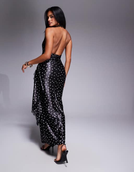 ASOS DESIGN - Robe longue drapée en satin à pois et détails en dentelle, 3 de 4
