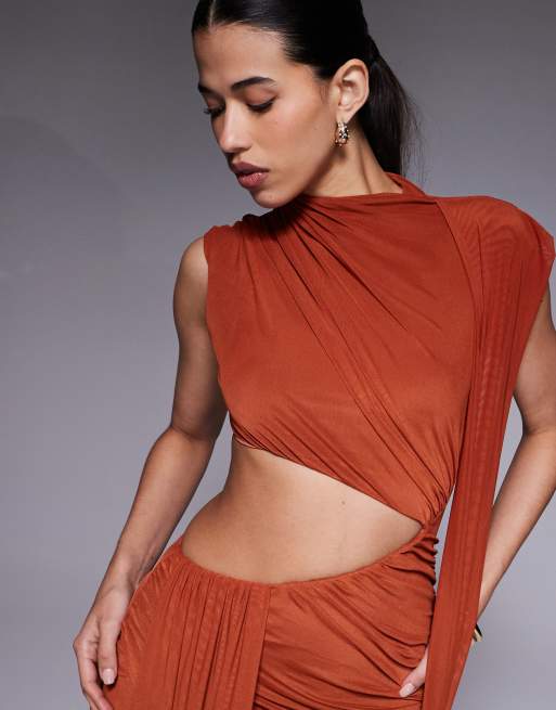 ASOS DESIGN - Robe longue drapée en tulle à découpe - Rouille, 2 de 4